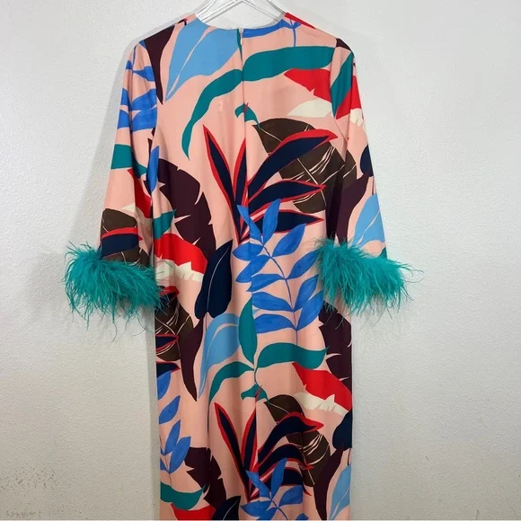 Tuckernuck Vibrant Palm Midi Dress Feather Cuff Sleeves Resort Statement Dress - Picture 6 of 8